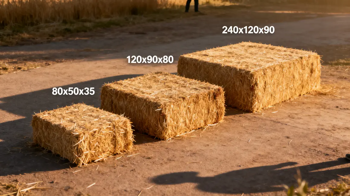 Trois bottes de paille rectangulaires petites à grosses, tailles et poids