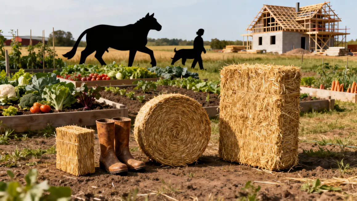 Trois bottes de paille alignées usages construction élevage potager