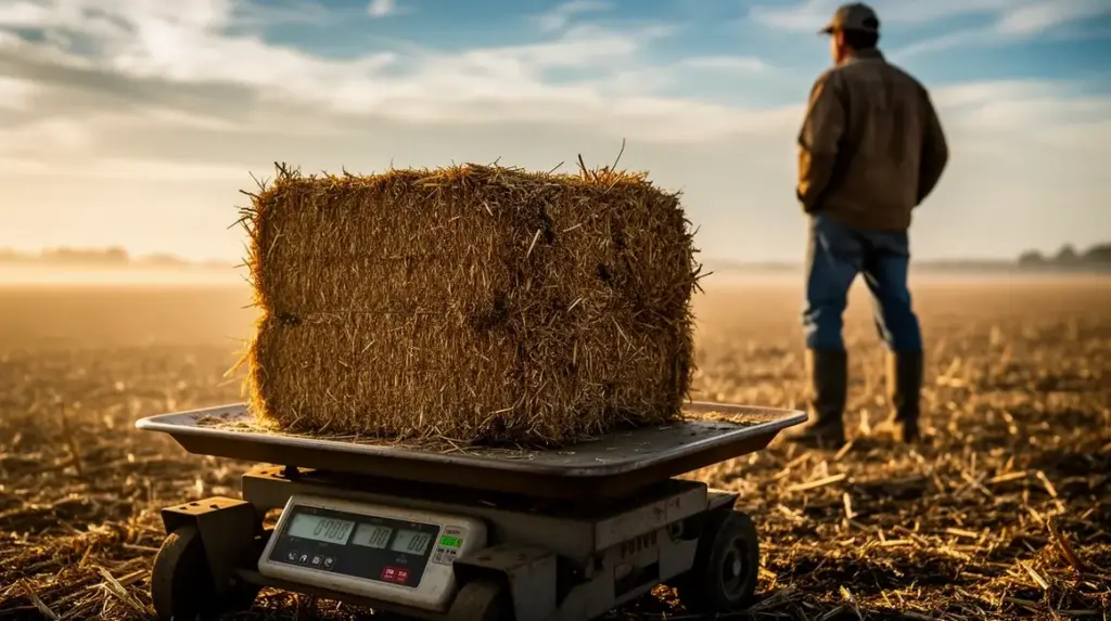 Botte de paille sur balance agricole champ