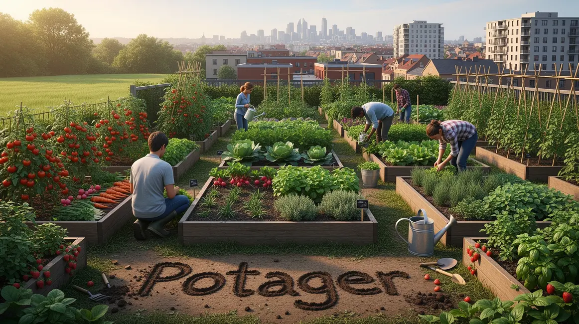 vue potager varié, bacs, carres, personnages, mix rural urbain
