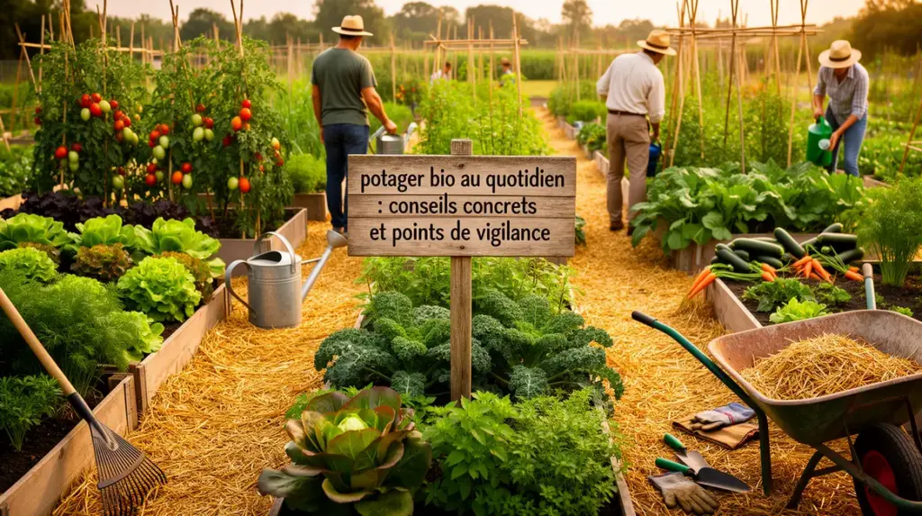 Panorama potager bio luxuriant allées paillées jardiniers pancarte conseils
