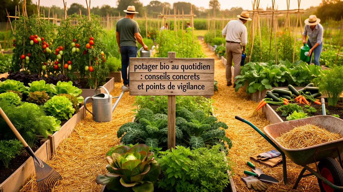 Panorama potager bio luxuriant allées paillées jardiniers pancarte conseils