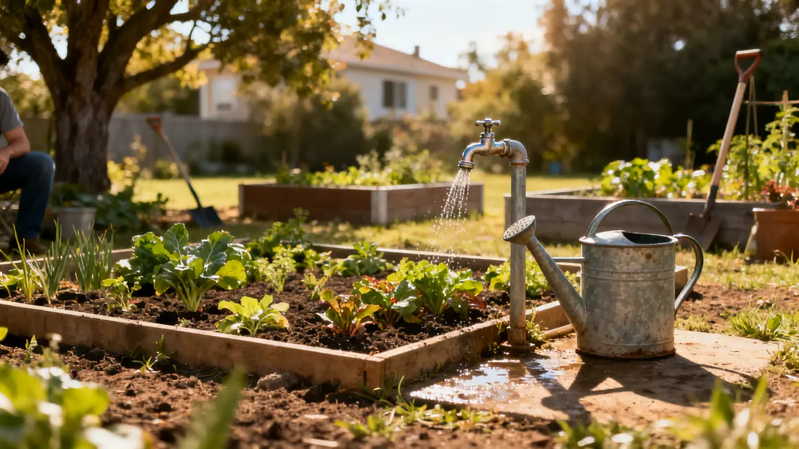 Terrain potager bio bien exposé, bacs surélevés, arrosoir