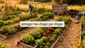 Vue réaliste d’un potager bio diversifié avec paillage et biodiversité