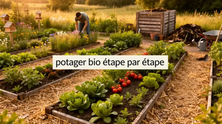 Vue réaliste d’un potager bio diversifié avec paillage et biodiversité