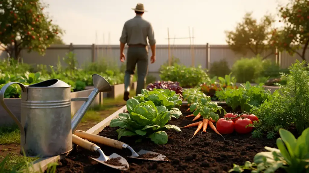 Vue d’un potager bio structuré avec outils, arrosoir et soleil