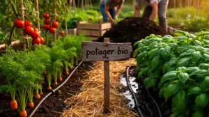 scene potager bio avec carottes tomates basilic compost paillage goutte a goutte