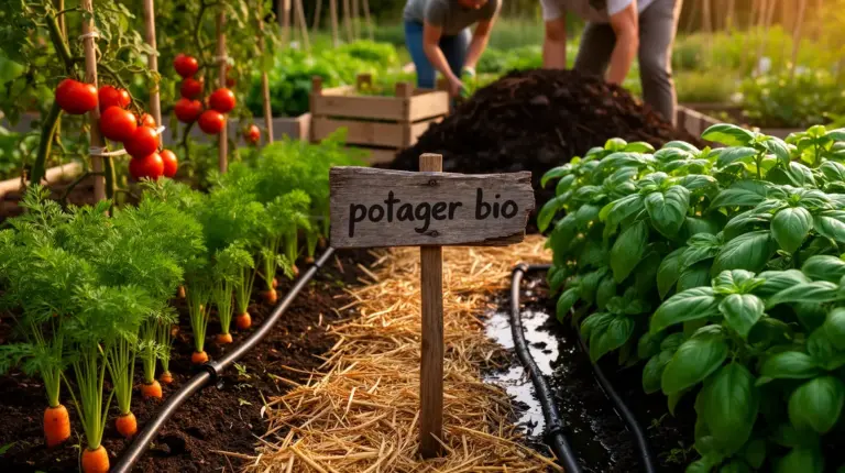 scene potager bio avec carottes tomates basilic compost paillage goutte a goutte