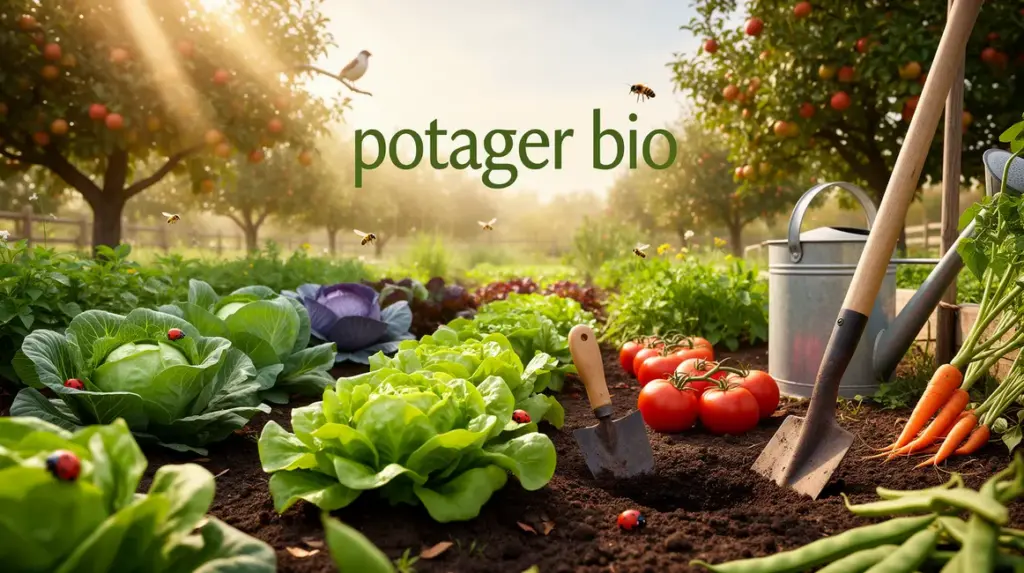 potager bio luxuriant avec légumes arbres outils et faune