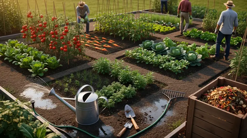 Vue d'un potager bio moderne avec modules et outils