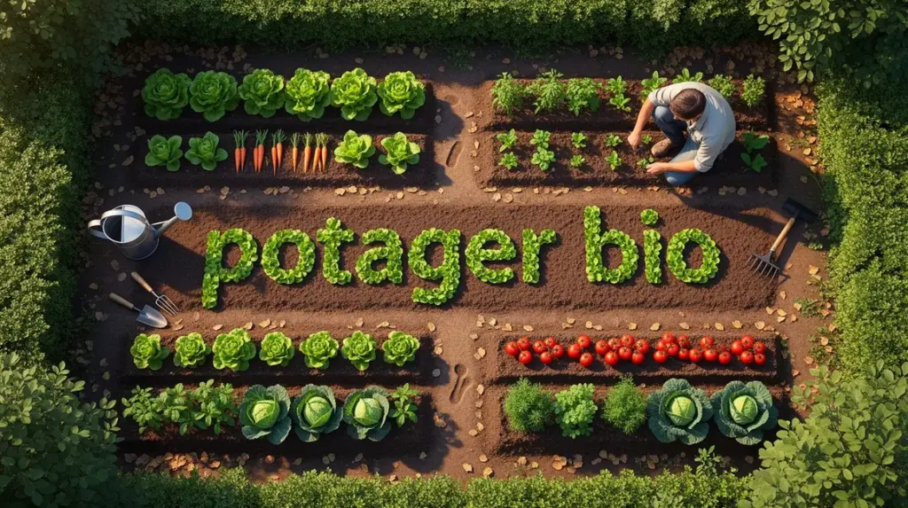 Potager bio rangs légumes outils haies vue dessus