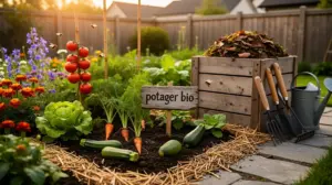 Vue potager bio budget legumes compost paillage