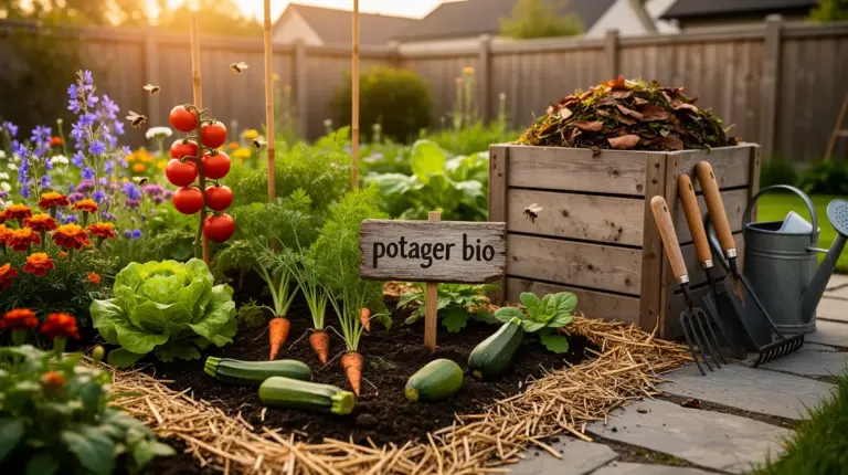 Vue potager bio budget legumes compost paillage