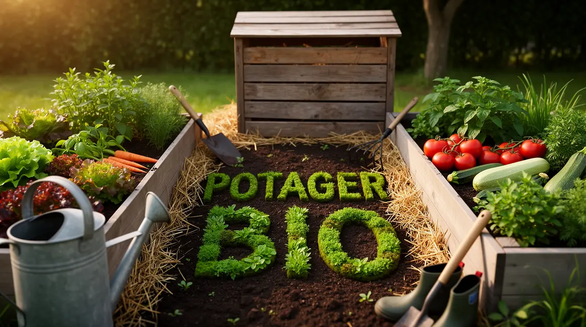 petit potager bio avec planches legumes paillage outils