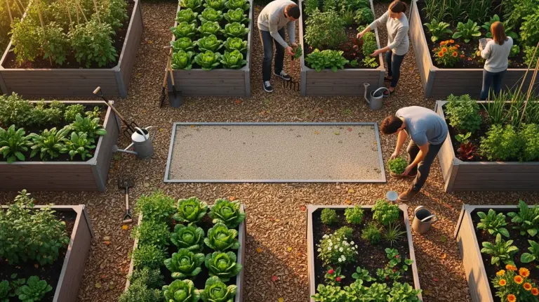 potager bio moderne vu du dessus avec outils et texte central