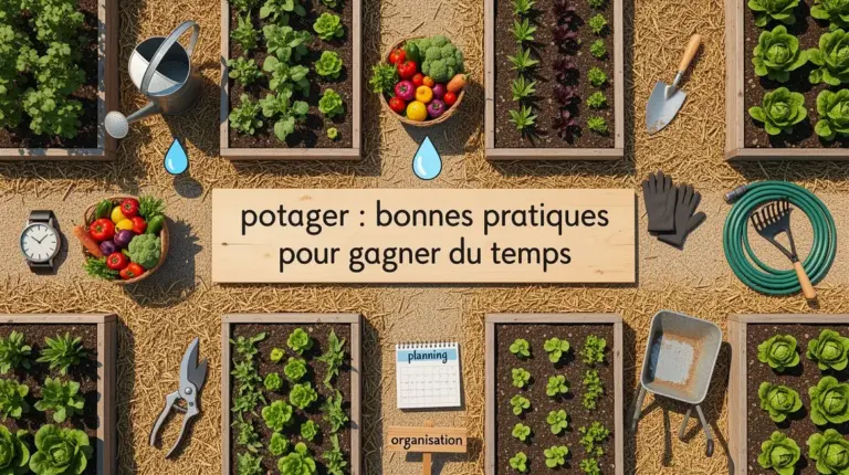 Vue aérienne potager organisé, outils et symboles gains de temps