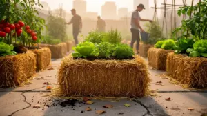 Potager sur bottes de paille en terrain béton