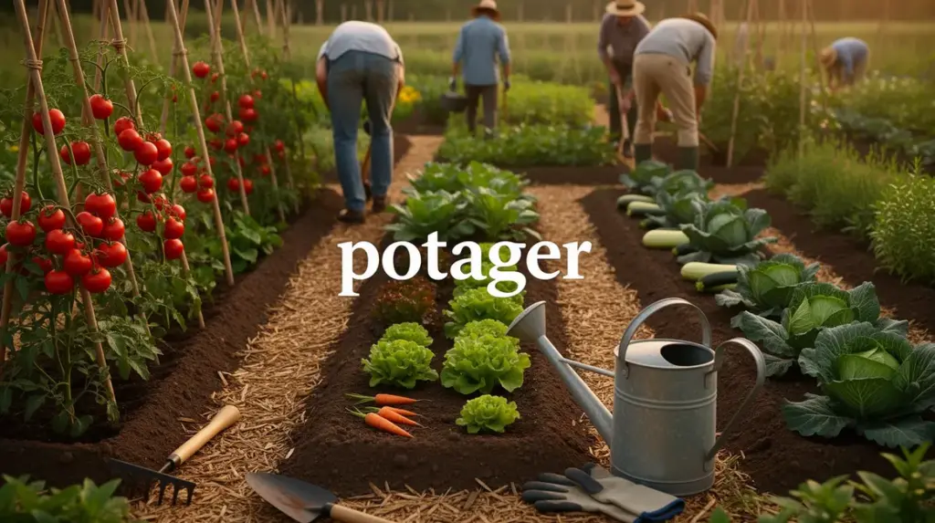 Grand potager organisé avec divers légumes et outillage jardinage