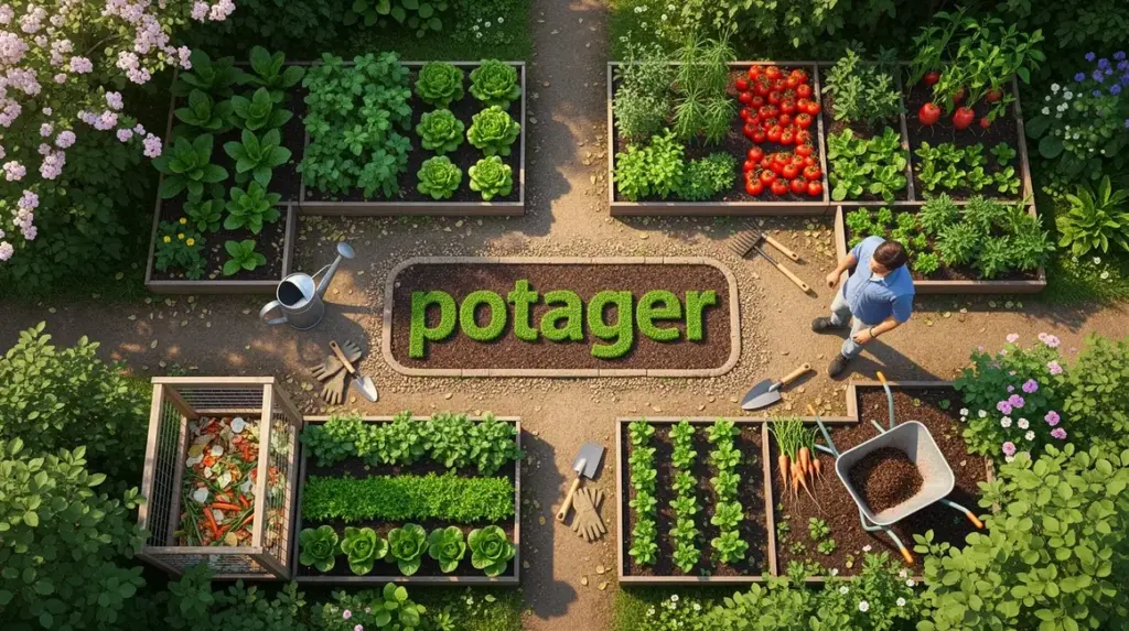 potager vue aerienne jardin outils bacs compost