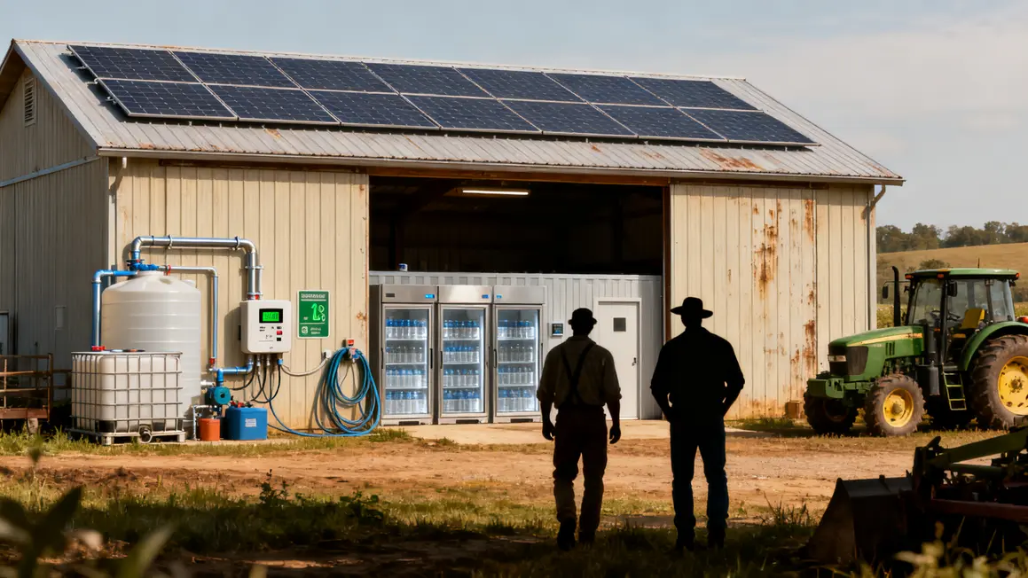 Hangar agricole avec panneaux solaires, chambres froides et compteur d’énergie