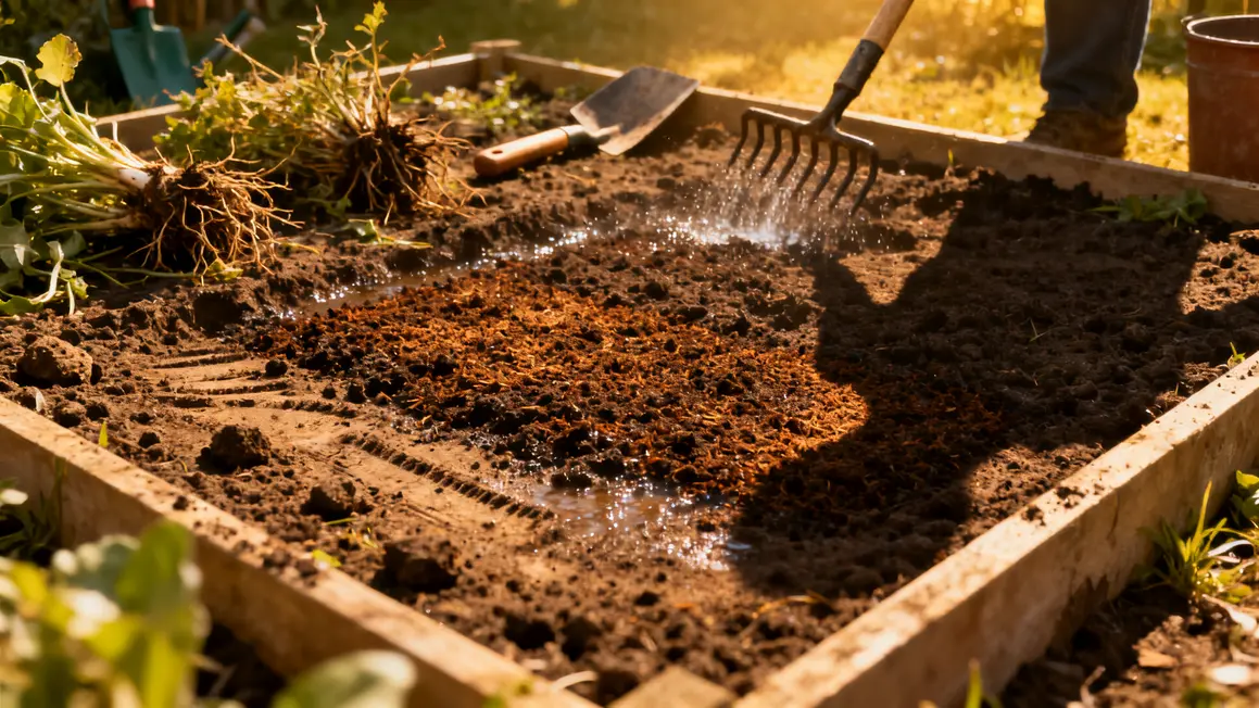 Sol désherbé, grelinette, compost, arrosage avant paillage
