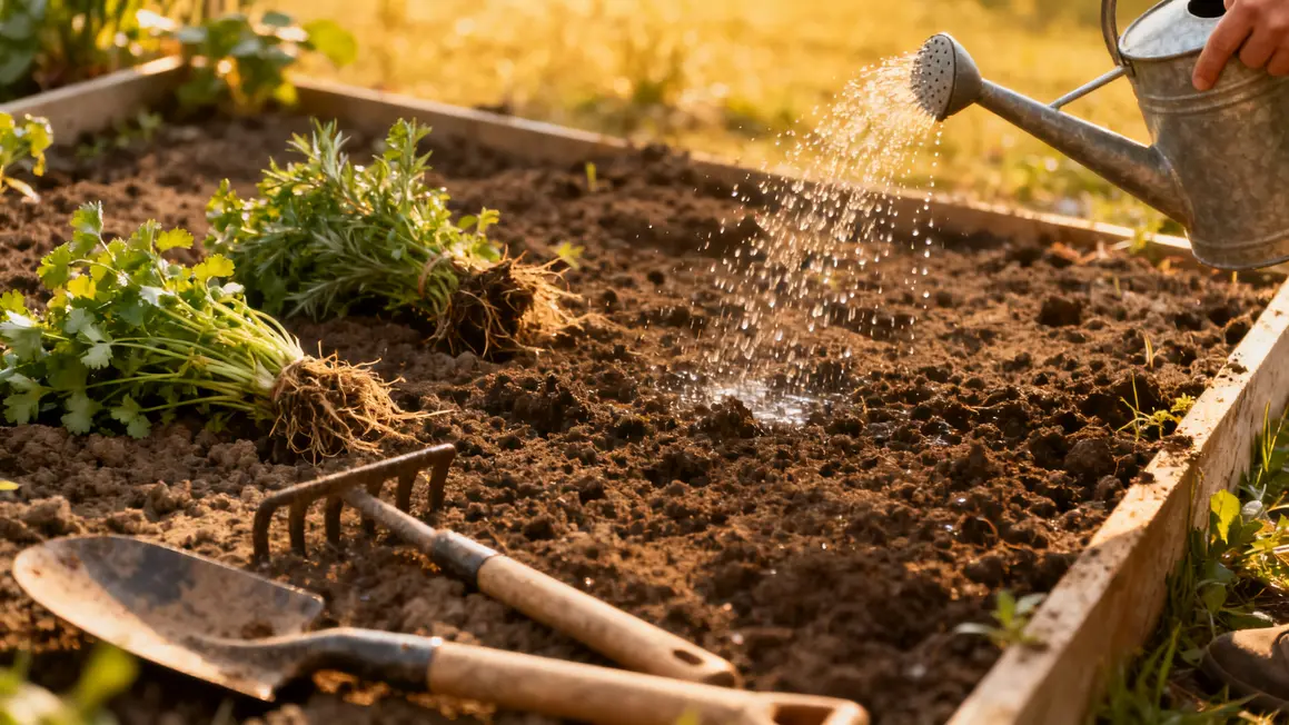 Sol potager prêt paillage bio, outils et arrosage