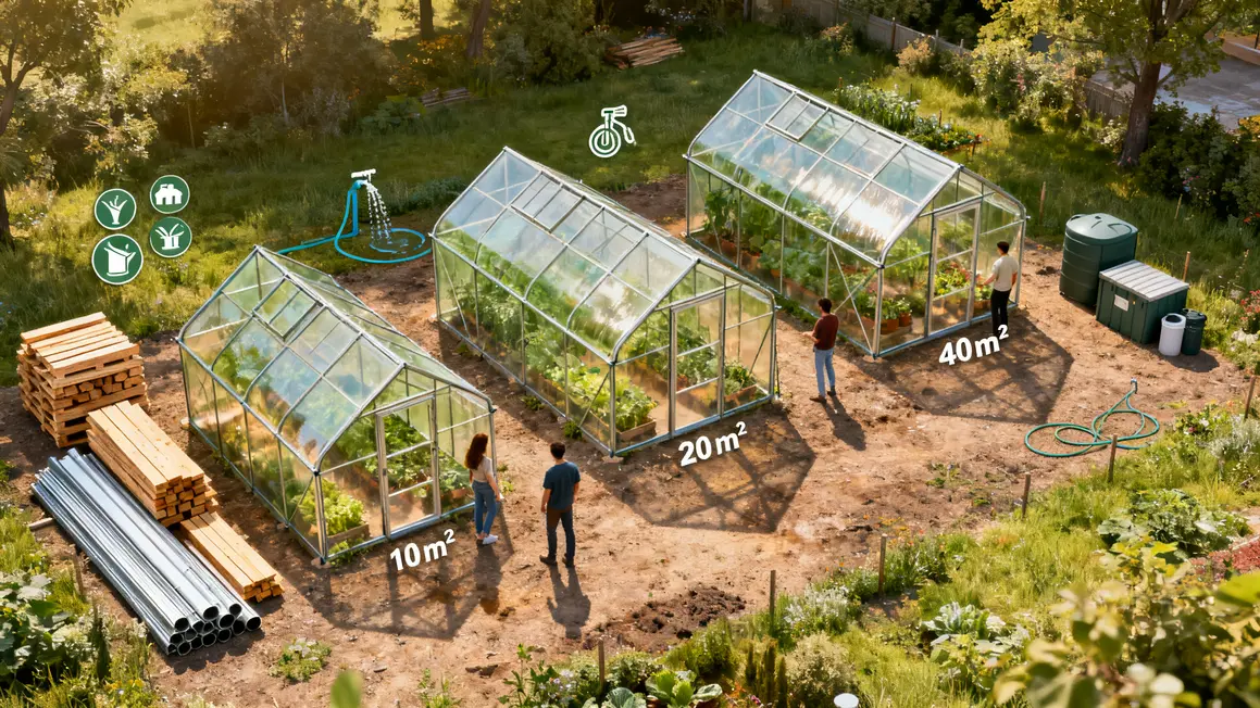plan de parcelle avec serres de tailles materiaux et irrigation
