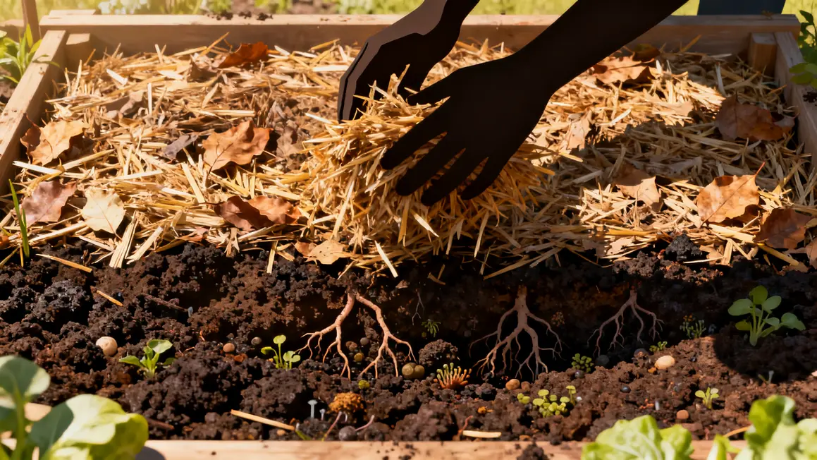 potager vu du dessus paillage paille feuilles broyat