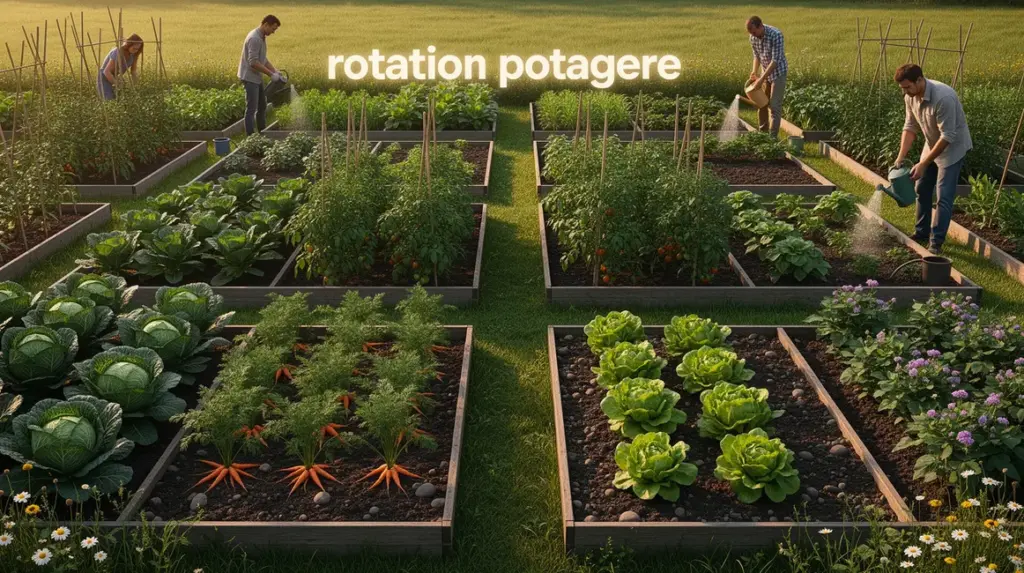 Rotation potagère, parcelles, légumes variés, sol fertile