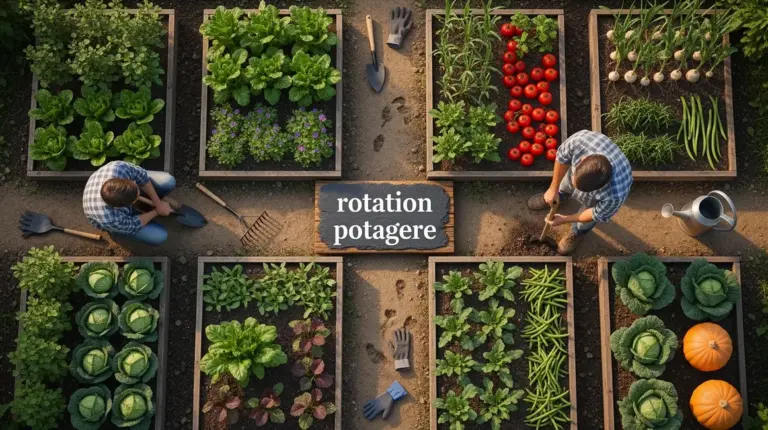 Petit potager carré en rotation potagère, vue globale photo réaliste