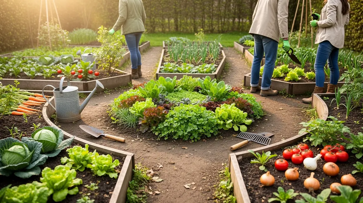 rotation potagere dans petit potager avec zones delimitees et outils simples