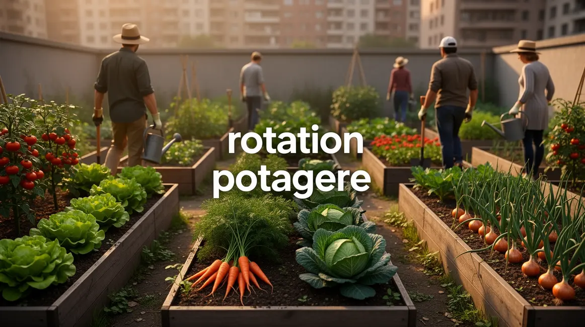 Potager urbain avec rotation potagère, jardiniers et légumes variés