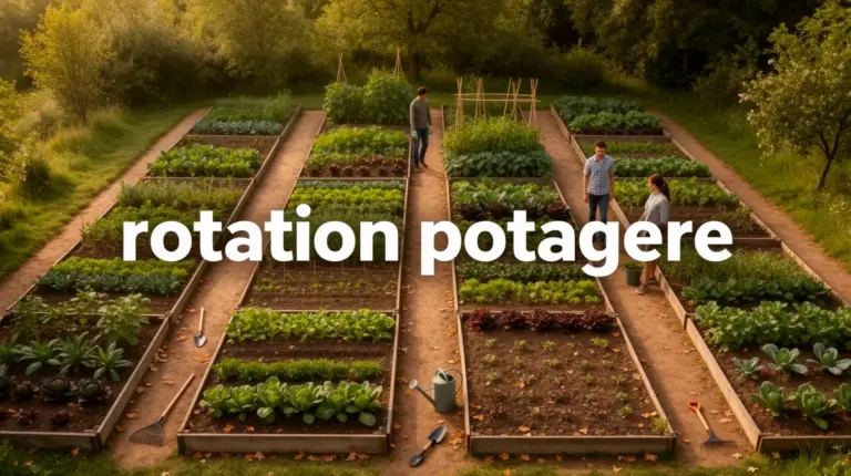 Vue de potager divisé en parcelles, texte rotation potagère
