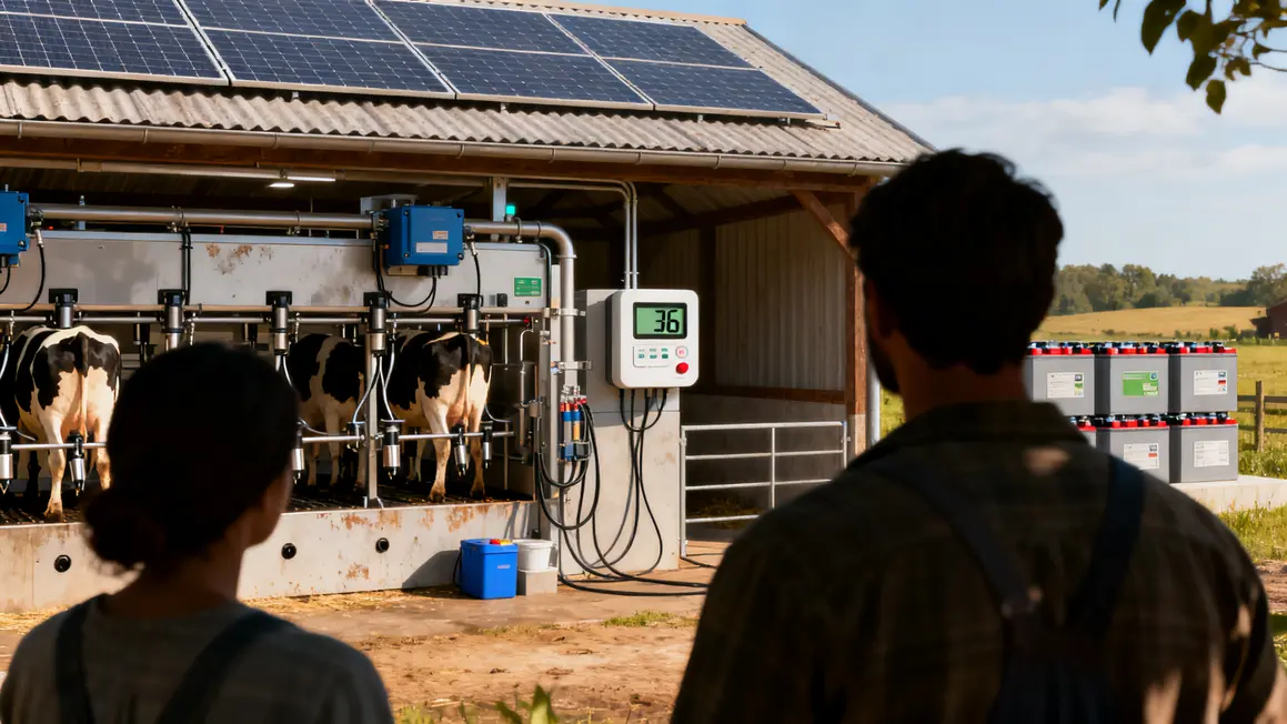 Salle de traite panneaux solaires batteries ferme