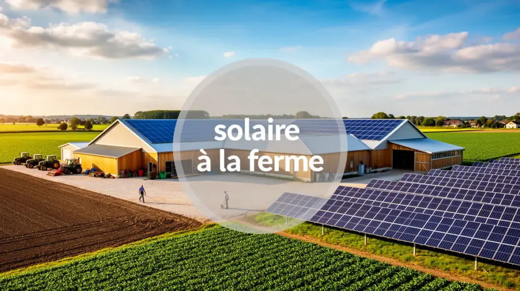 Ferme avec panneaux solaires sur toit et sol sous ciel bleu