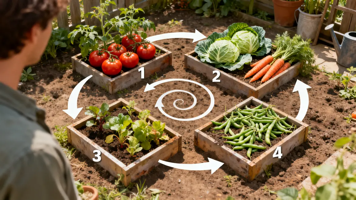 Schéma rotation potagère, 4 parcelles légumes fléchées
