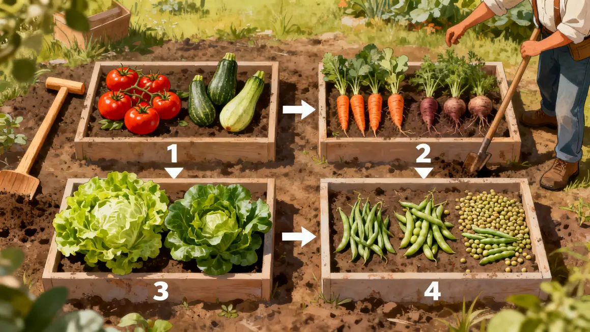 Schéma rotation potagère sur 4 parcelles avec légumes