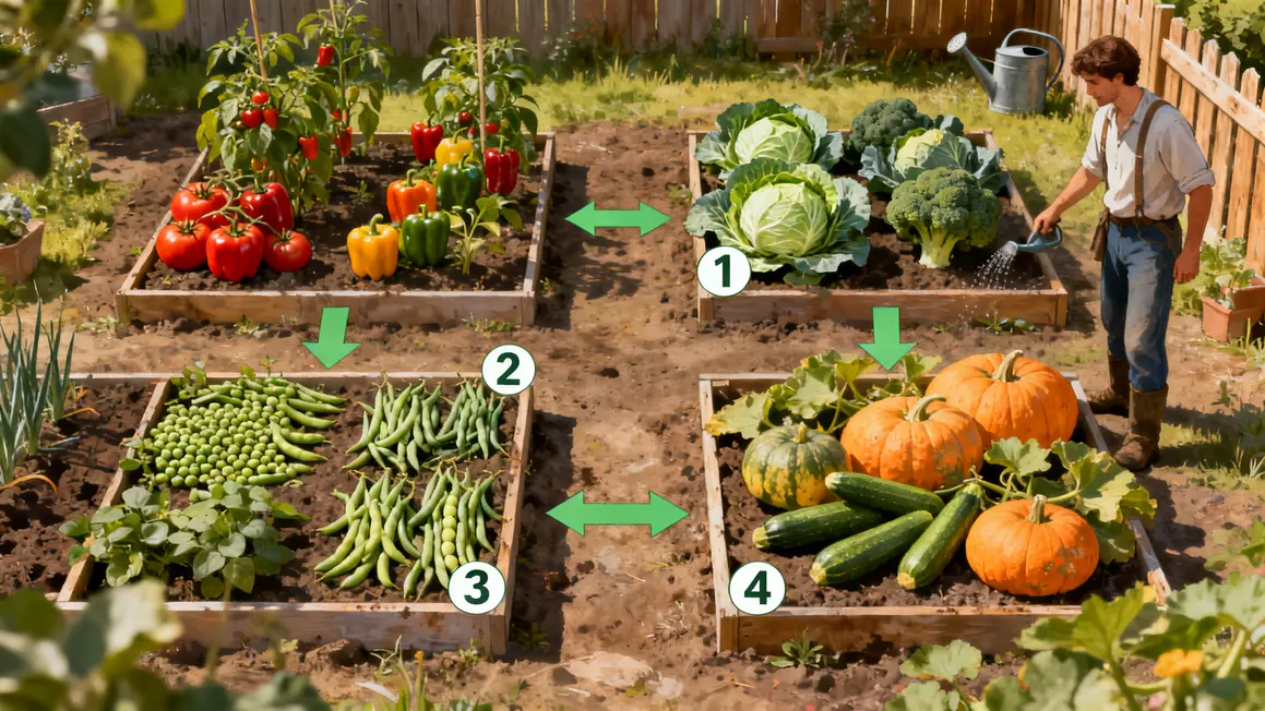 Schéma 4 parcelles, rotation potagère, familles légumes