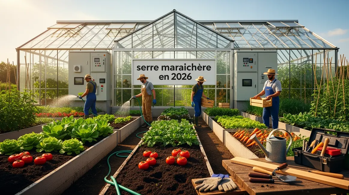 serre maraichere moderne 2026 vue centre bacs legumes panneaux equipements