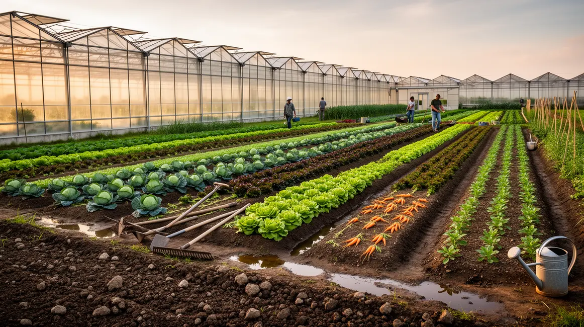 serre maraichere vista paysagere tunnel transparente legumes outils