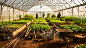serre maraichere moderne avec plantations outils