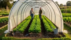Vue serre maraichere moderne arceaux plastique et legumes alignes