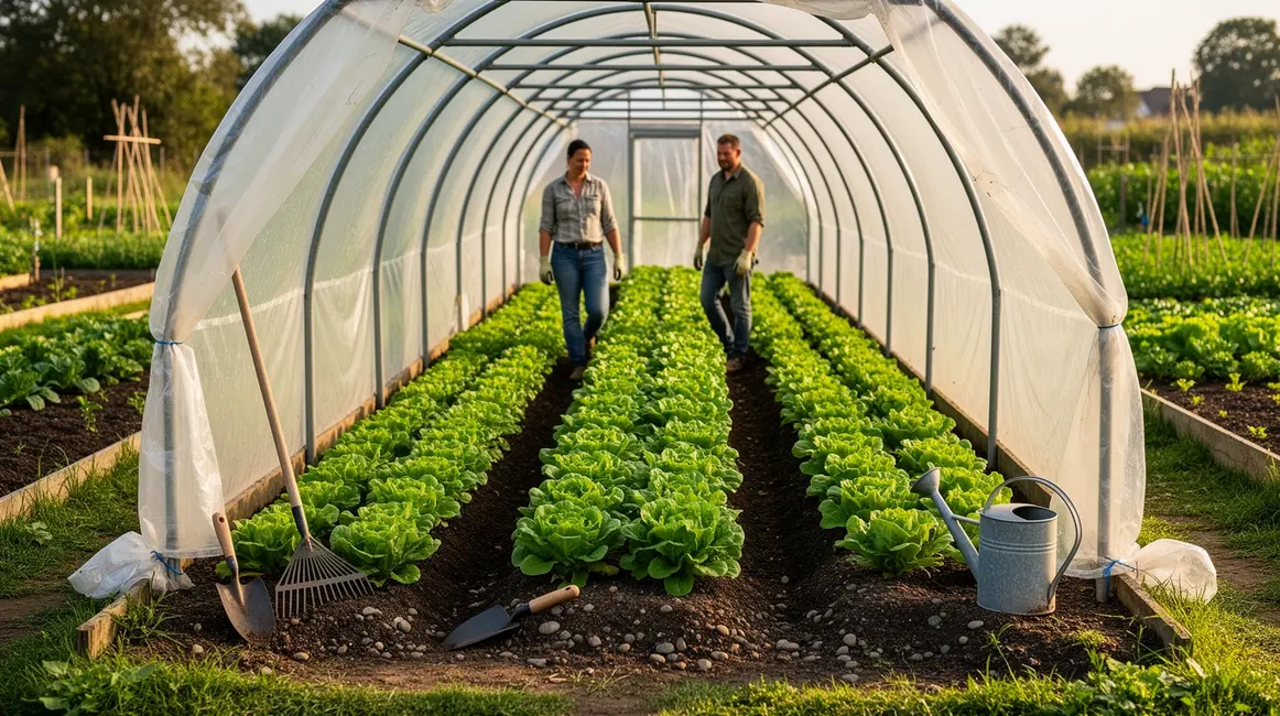 Vue serre maraichere moderne arceaux plastique et legumes alignes