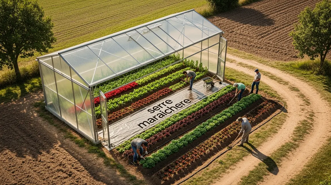 Serre maraîchère moderne économique vue sur cultures et irrigation goutte à goutte