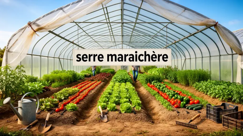 Serre maraîchère moderne avec structure métal plastique et cultures légumes