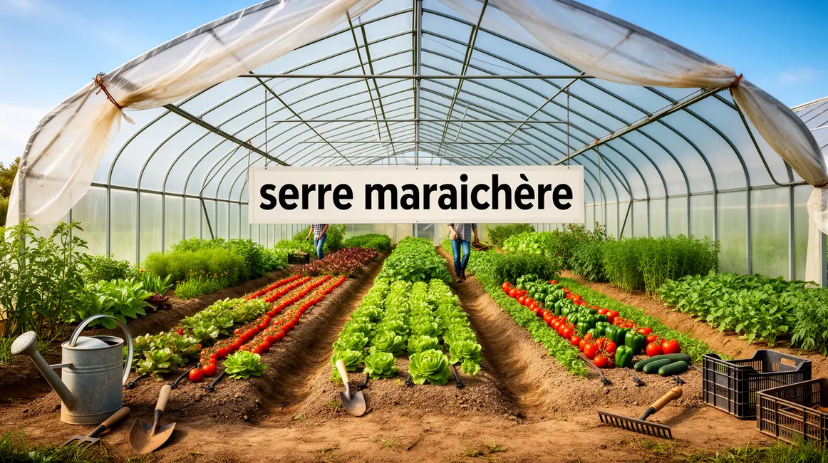 Serre maraîchère moderne avec structure métal plastique et cultures légumes