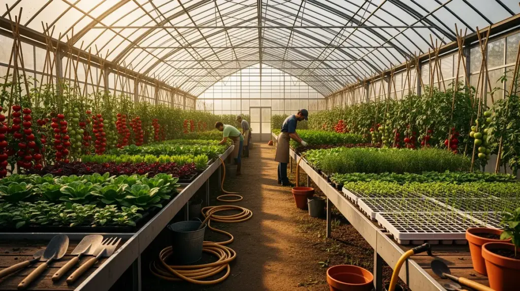 Grande serre maraichere moderne avec legumes et jardiniers
