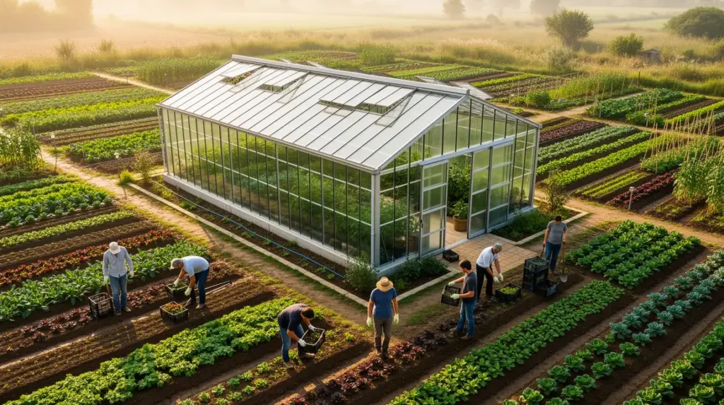 Photo serre maraîchère moderne aérienne avec agriculteurs