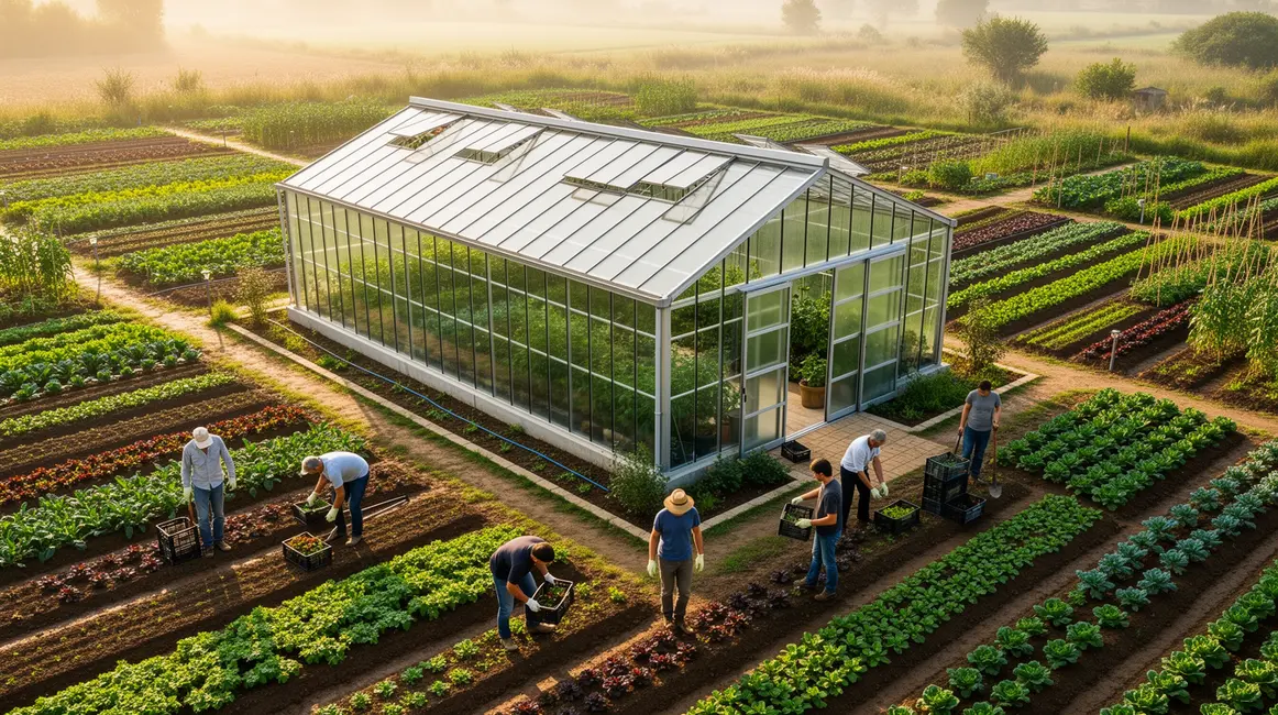 Photo serre maraîchère moderne aérienne avec agriculteurs