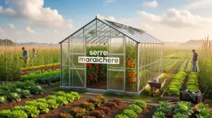 serre maraichere transparente avec legumes en plein champ